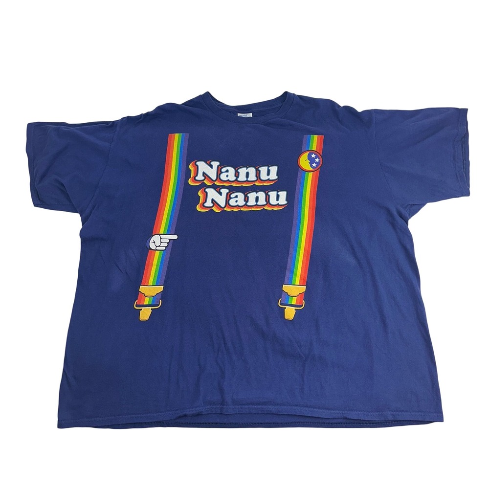 Mork And Mindy Nanu Nanu Rainbow Suspenders Graphic T-Shirt Blue Retro Adult 2XL